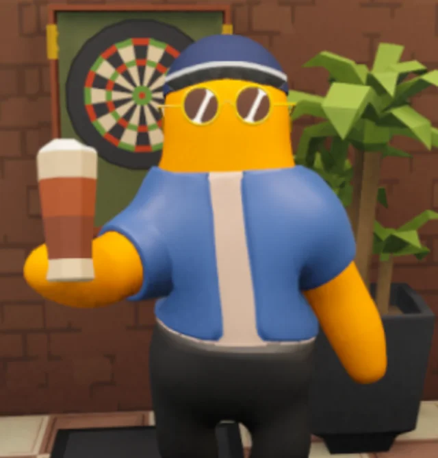 Ciaran's in-game avatar: a yellow fellow in shades and a bucket hat holding a frothy pint