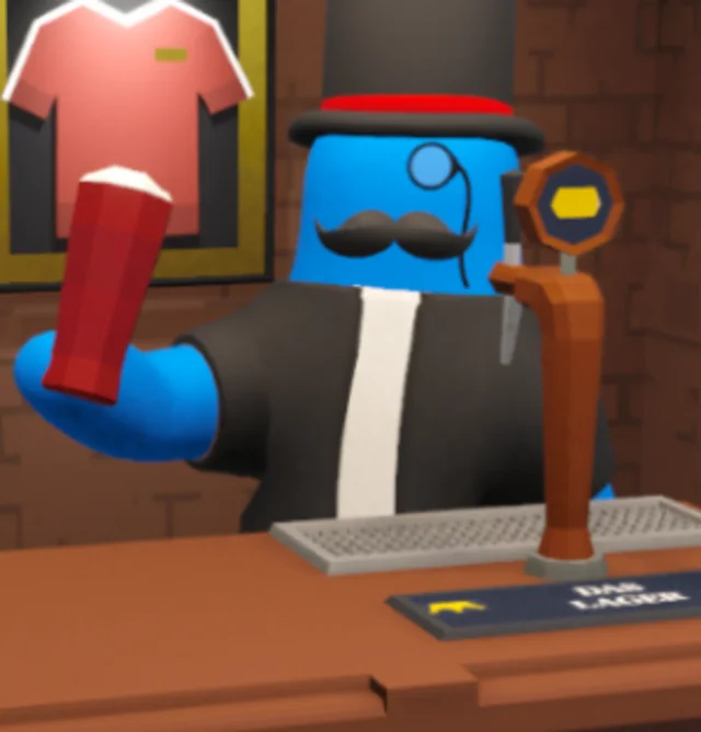 Nima's in-game avatar: a distinguished blue fellow with a top hat, monocle and moustache, working the taps