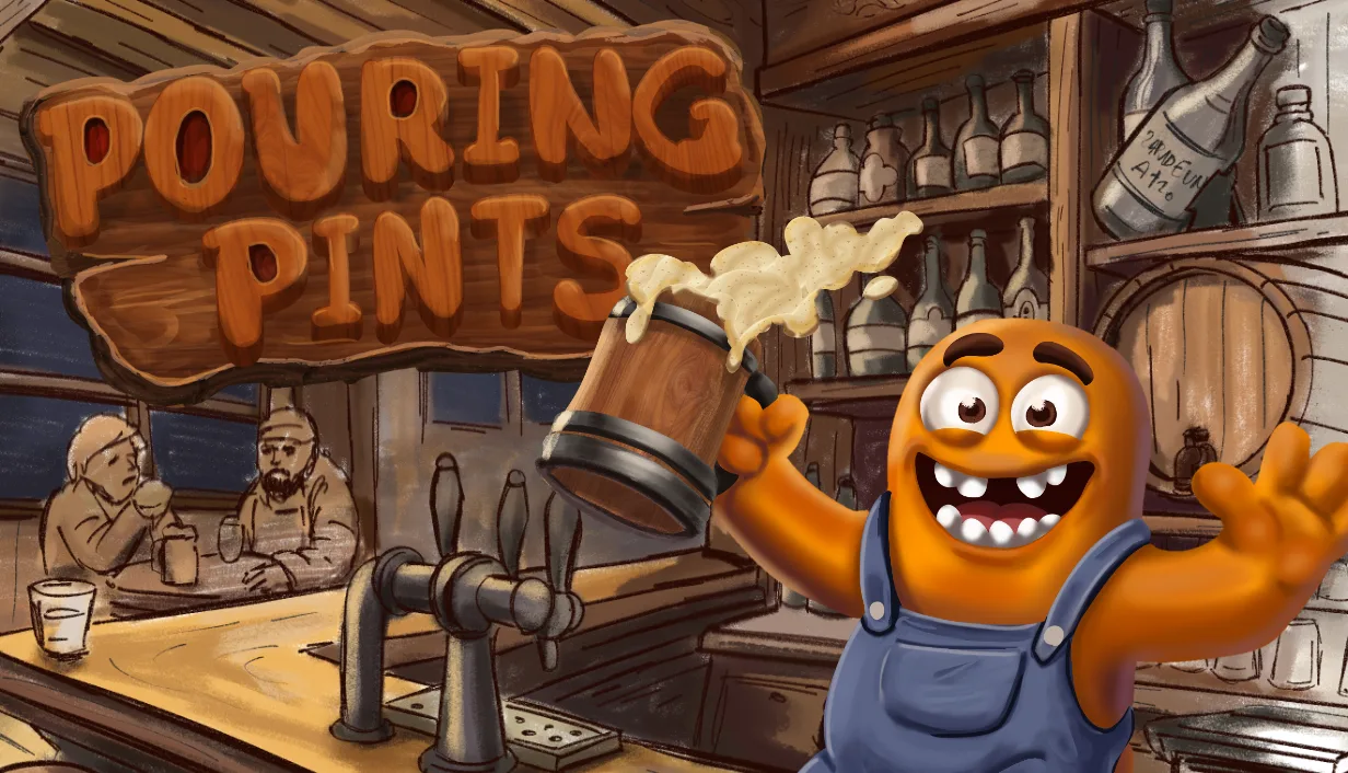 Pouring Pints key art: the landlord raises a foaming tankard behind the bar